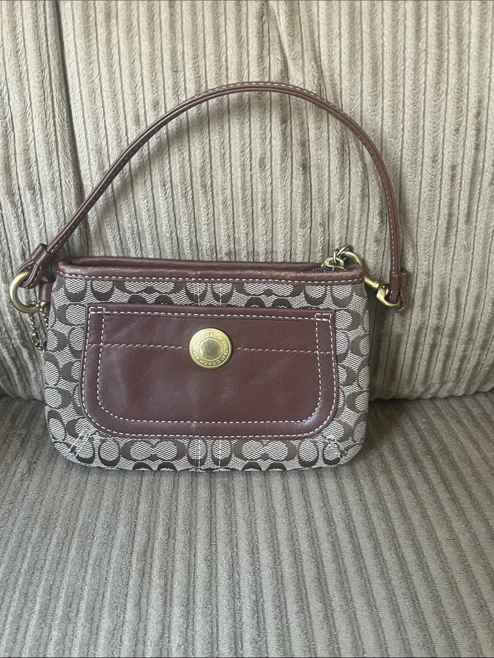 Coach Brown Leather & Signature Canvas Wristlet